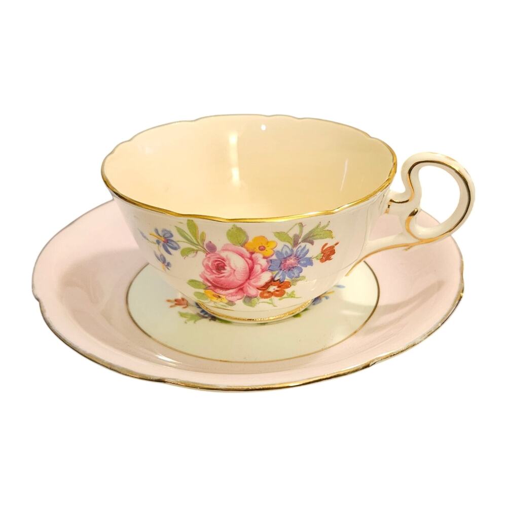 Crown Staffordshire England Bone China Floral Teacup Saucer Gold Trim